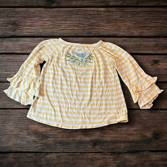 Fireflies & Fairytales Girls 8 Top Yellow Stripe Bird Embroidery Ruffle Sleeve - Picture 1 of 5